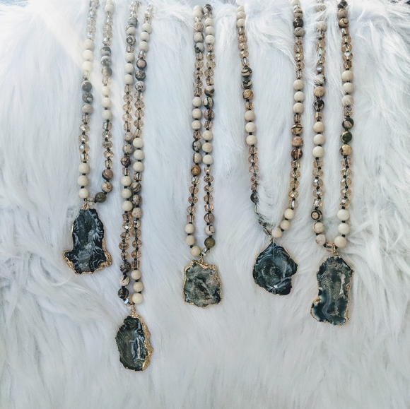 Beaded Raw Solar Quartz Crystal Pendant Necklace - Picture 10 of 12